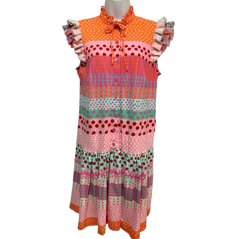 Maison Common Munich Dress M Color Patchwork Knit Ruffle‎ Tie Neck Stretch Boho